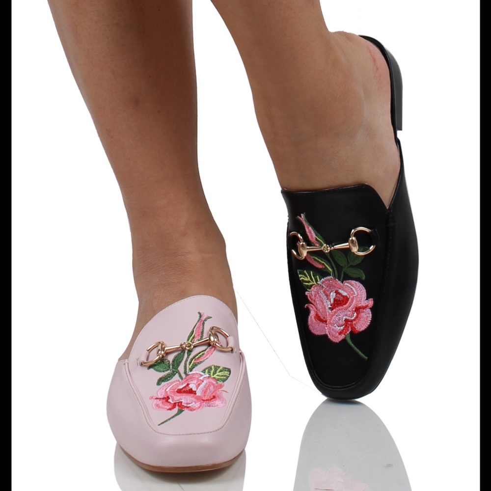 Black  Floral Embroidered Slip on Mules - Picture 5 of 5